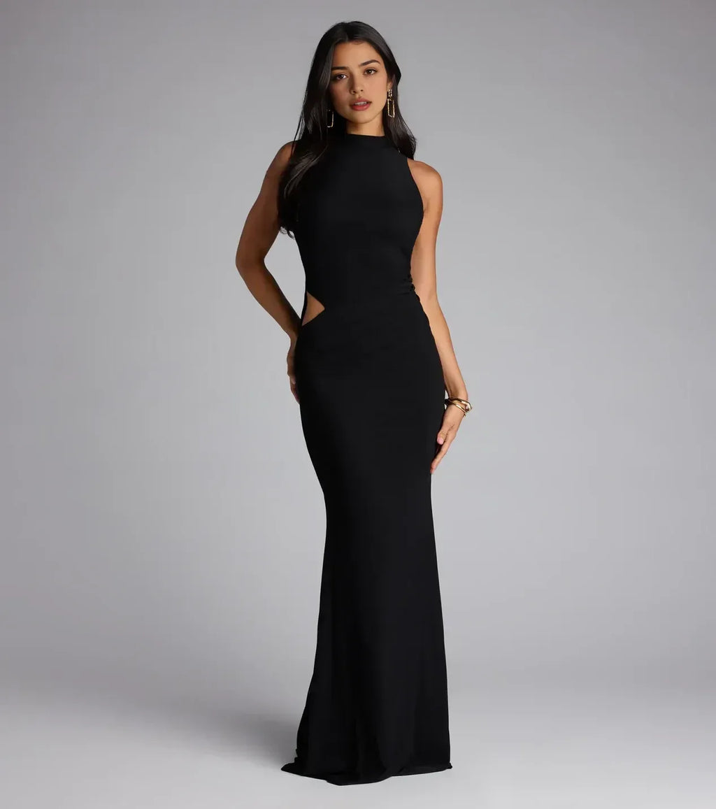 Sultry Trumpet Mock Neck Sleeveless Cut Out Back Floor Length Prom Dress