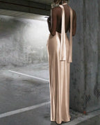 Sultry Mermaid Halter Cowl Neck Open Back Slit Satin Black Prom Dress For Sale