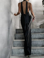 Sultry Mermaid Halter Cowl Neck Open Back Slit Satin Black Prom Dress For Sale