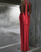 Sultry Mermaid Halter Cowl Neck Open Back Slit Satin Black Prom Dress For Sale