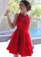 Red Sweet A-Line Halter Sleeveless Tie Ruffle Red Short Homecoming Dress