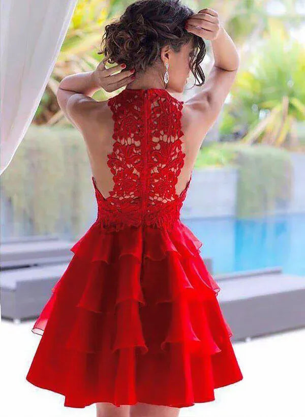 Red Sweet A-Line Halter Sleeveless Tie Ruffle Red Short Homecoming Dress