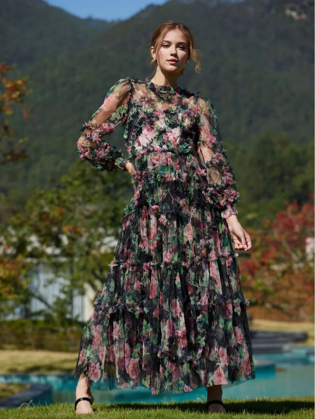Sweet A-line Sweetheart Neck Puffy Sleeve Zipper Up Floor-Length Prom Dress