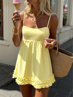 Yellow Sweet Babydoll Square Neck Adjustable Strap Ruffle Hem Mini Homecoming Dress