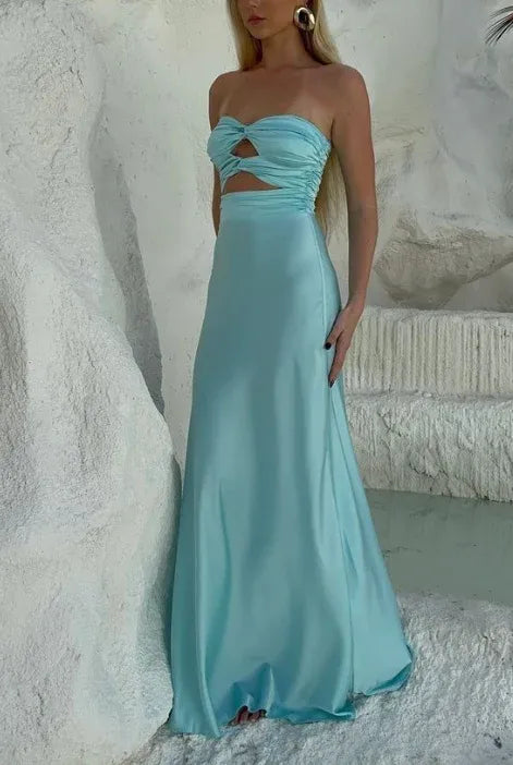 Sweet Strapless Satin A Line Prom Dress Long Party Evening Dress