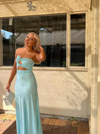 Sweet Strapless Satin A Line Prom Dress Long Party Evening Dress