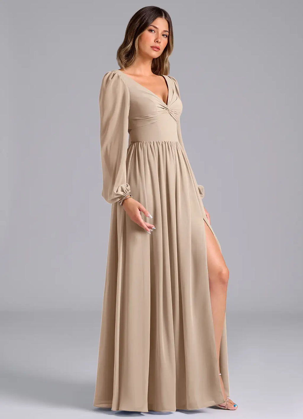 Taupe Chiffon Long Sleeve Bridesmaid Dress with Back Tie, Ruched Bodice and High Slit
