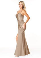 Taupe Satin Cowl Neck Bridesmaid Dress with Ruched Bodice, Mermaid Silhouette and High Slit