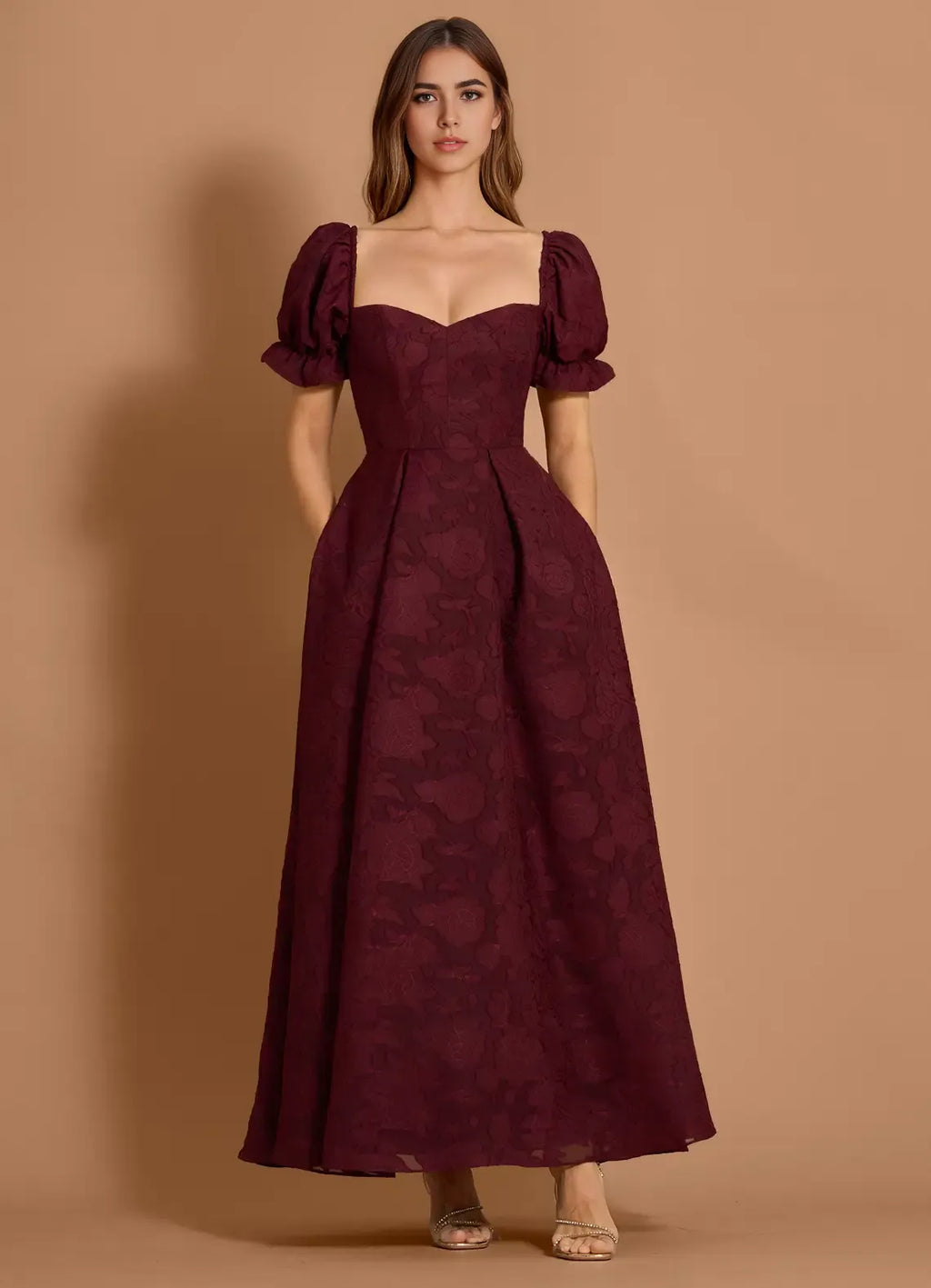 Textured A Line Square Neck Puff Sleeve Open Back Floor Length For Sale Prom Dress