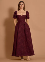Textured A Line Square Neck Puff Sleeve Open Back Floor Length For Sale Prom Dress