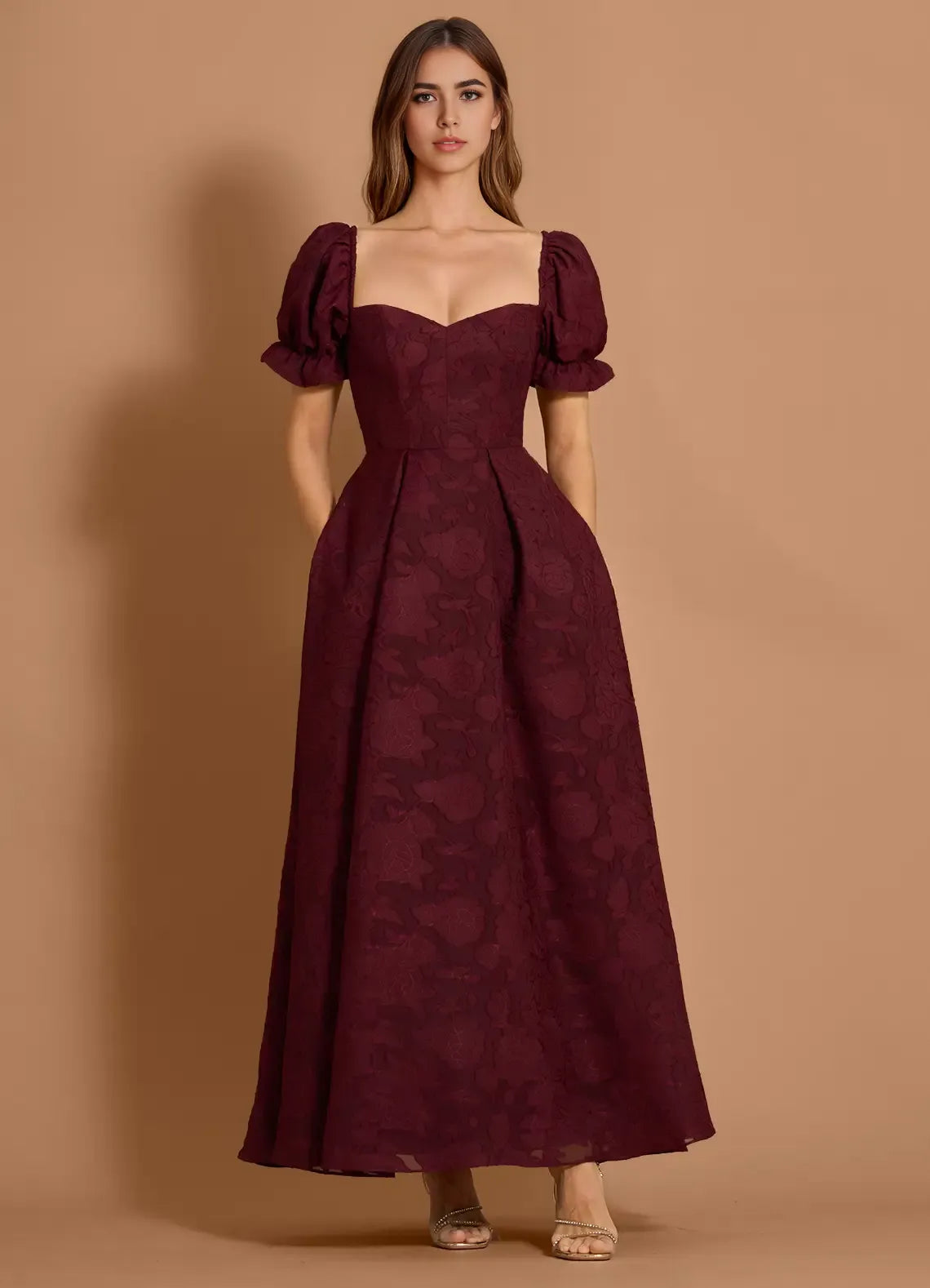 Textured A Line Square Neck Puff Sleeve Open Back Floor Length For Sale Prom Dress