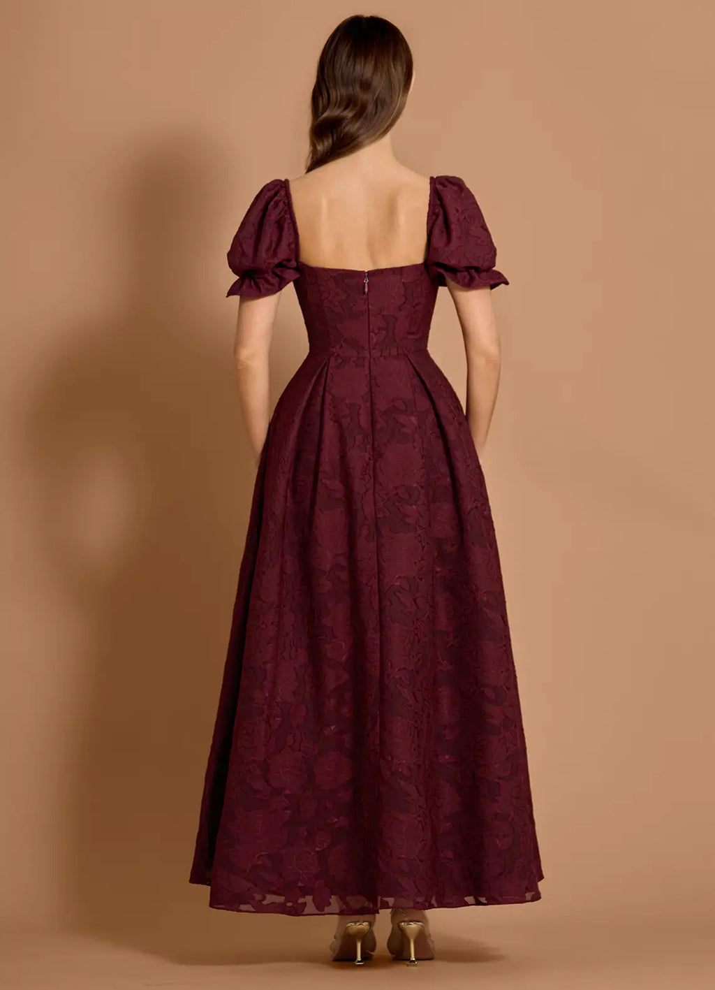 Textured A Line Square Neck Puff Sleeve Open Back Floor Length For Sale Prom Dress