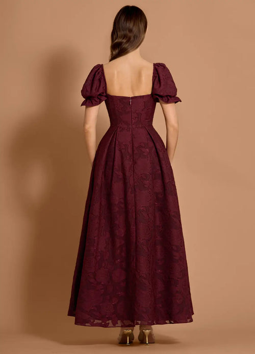 Robe de bal longue texturée trapèze à col carré, manches bouffantes et dos ouvert à vendre