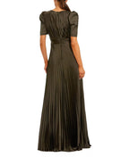 Textured Pleated Round Neck Puff Sleeve Ruched Back Floor Length For Sale Prom Dress ﻿