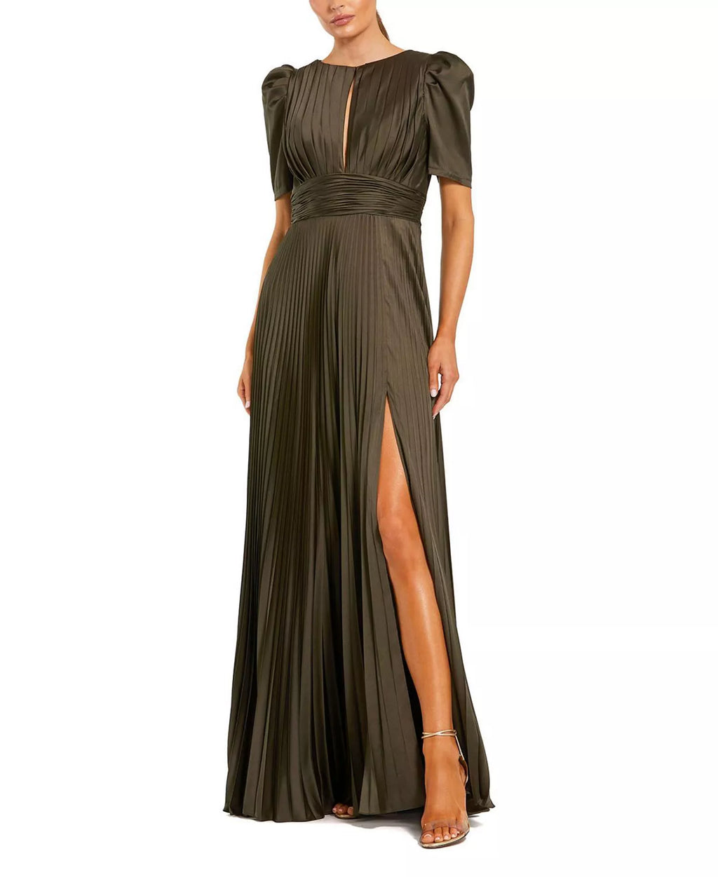 Textured Pleated Round Neck Puff Sleeve Ruched Back Floor Length For Sale Prom Dress ﻿