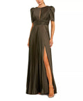 Textured Pleated Round Neck Puff Sleeve Ruched Back Floor Length For Sale Prom Dress ﻿