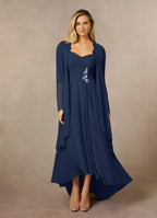Navy Dress Classic Dark Sheath Sweetheart Sequins Dress Asymmetrical-Length Three-Quarter Sleeve Illusion Back Two-Piece Mother of the Bride Dress