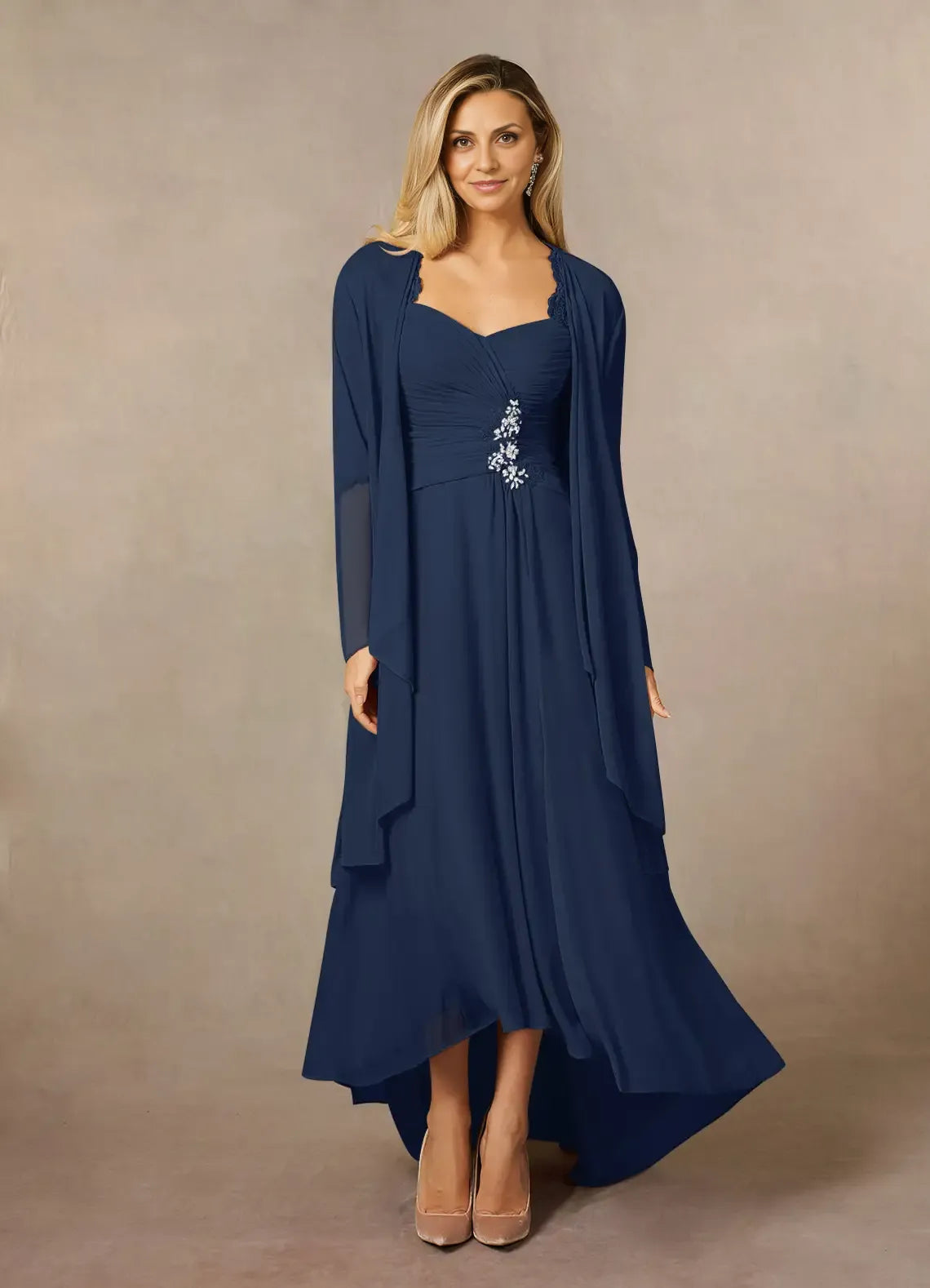 Navy Dress Classic Dark Sheath Sweetheart Sequins Dress Asymmetrical-Length Three-Quarter Sleeve Illusion Back Two-Piece Mother of the Bride Dress