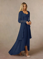 Navy Dress Classic Dark Sheath Sweetheart Sequins Dress Asymmetrical-Length Three-Quarter Sleeve Illusion Back Two-Piece Mother of the Bride Dress