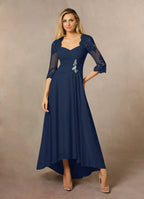 Navy Dress Classic Dark Sheath Sweetheart Sequins Dress Asymmetrical-Length Three-Quarter Sleeve Illusion Back Two-Piece Mother of the Bride Dress