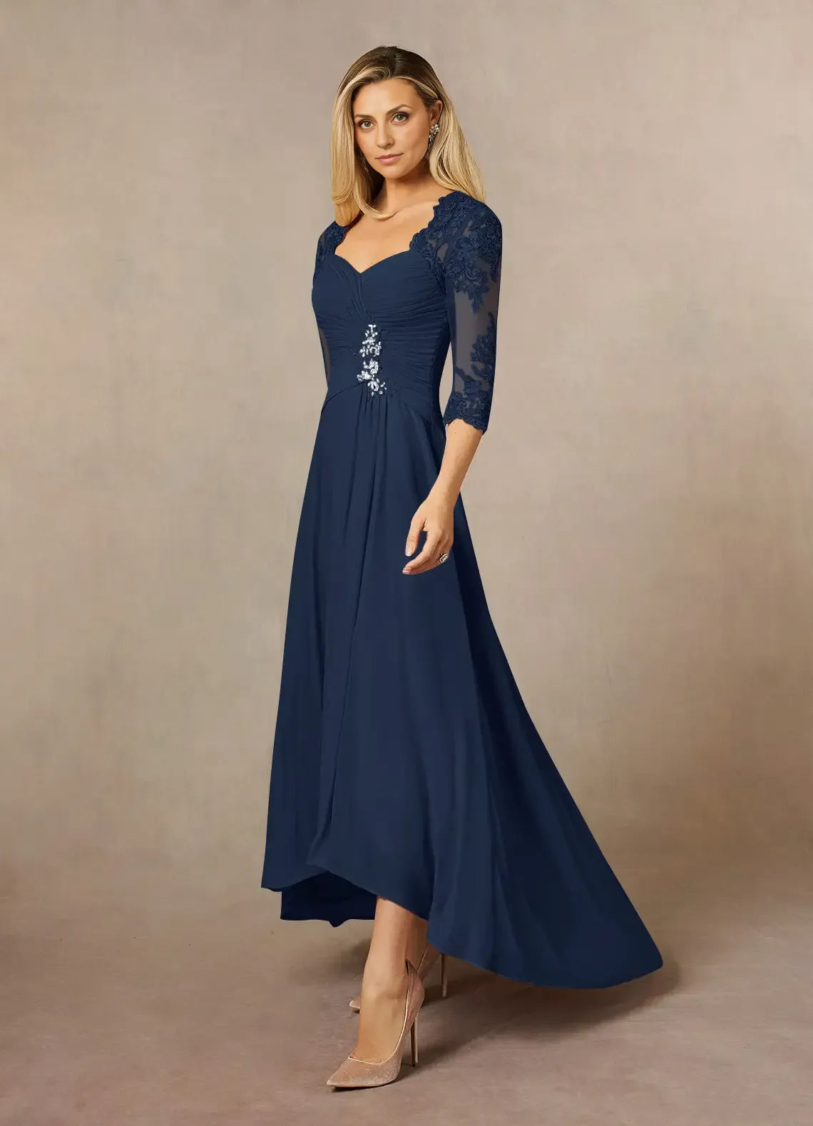 Navy Dress Classic Dark Sheath Sweetheart Sequins Dress Asymmetrical-Length Three-Quarter Sleeve Illusion Back Two-Piece Mother of the Bride Dress