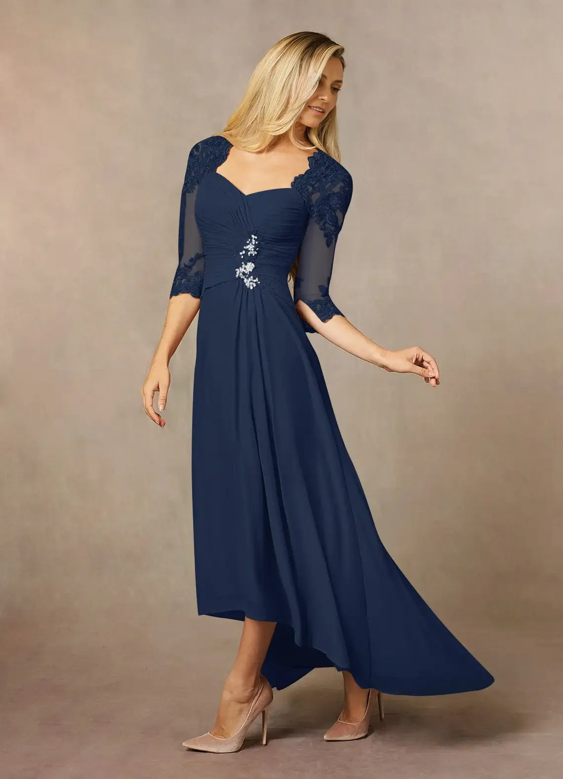Navy Dress Classic Dark Sheath Sweetheart Sequins Dress Asymmetrical-Length Three-Quarter Sleeve Illusion Back Two-Piece Mother of the Bride Dress