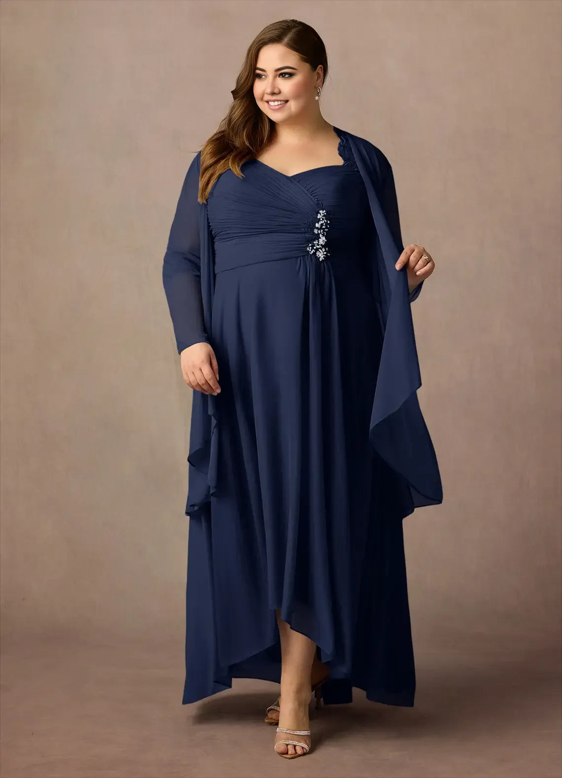 Navy Dress Classic Dark Sheath Sweetheart Sequins Dress Asymmetrical-Length Three-Quarter Sleeve Illusion Back Two-Piece Plus Size Mother of the Bride Dress