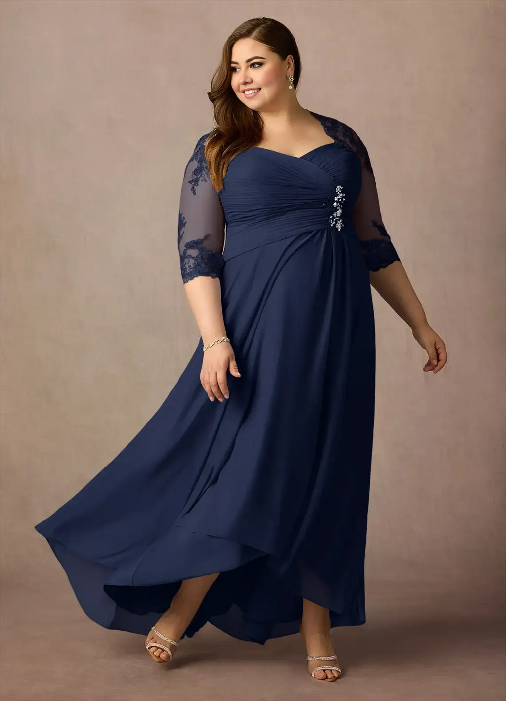 Navy Dress Classic Dark Sheath Sweetheart Sequins Dress Asymmetrical-Length Three-Quarter Sleeve Illusion Back Two-Piece Plus Size Mother of the Bride Dress
