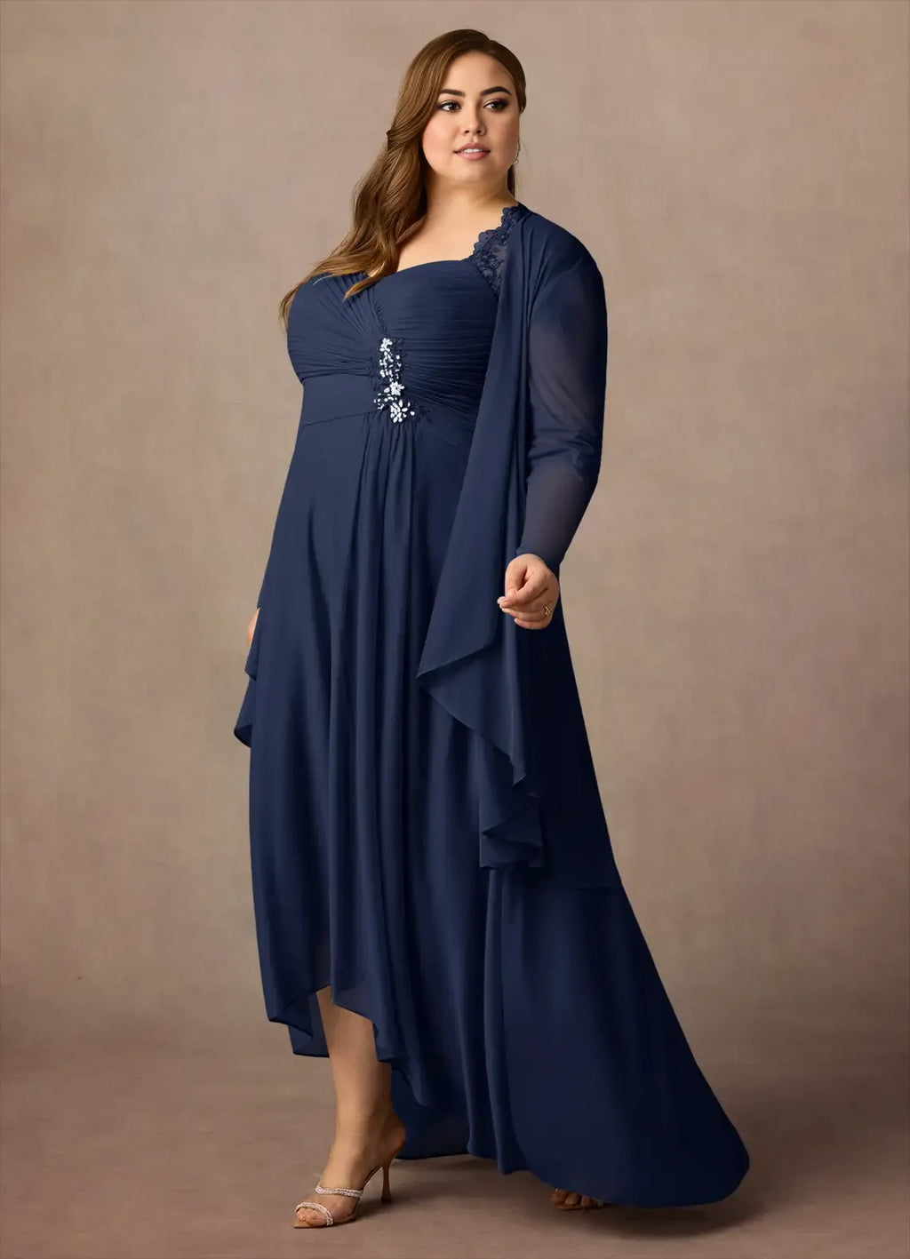 Navy Dress Classic Dark Sheath Sweetheart Sequins Dress Asymmetrical-Length Three-Quarter Sleeve Illusion Back Two-Piece Plus Size Mother of the Bride Dress
