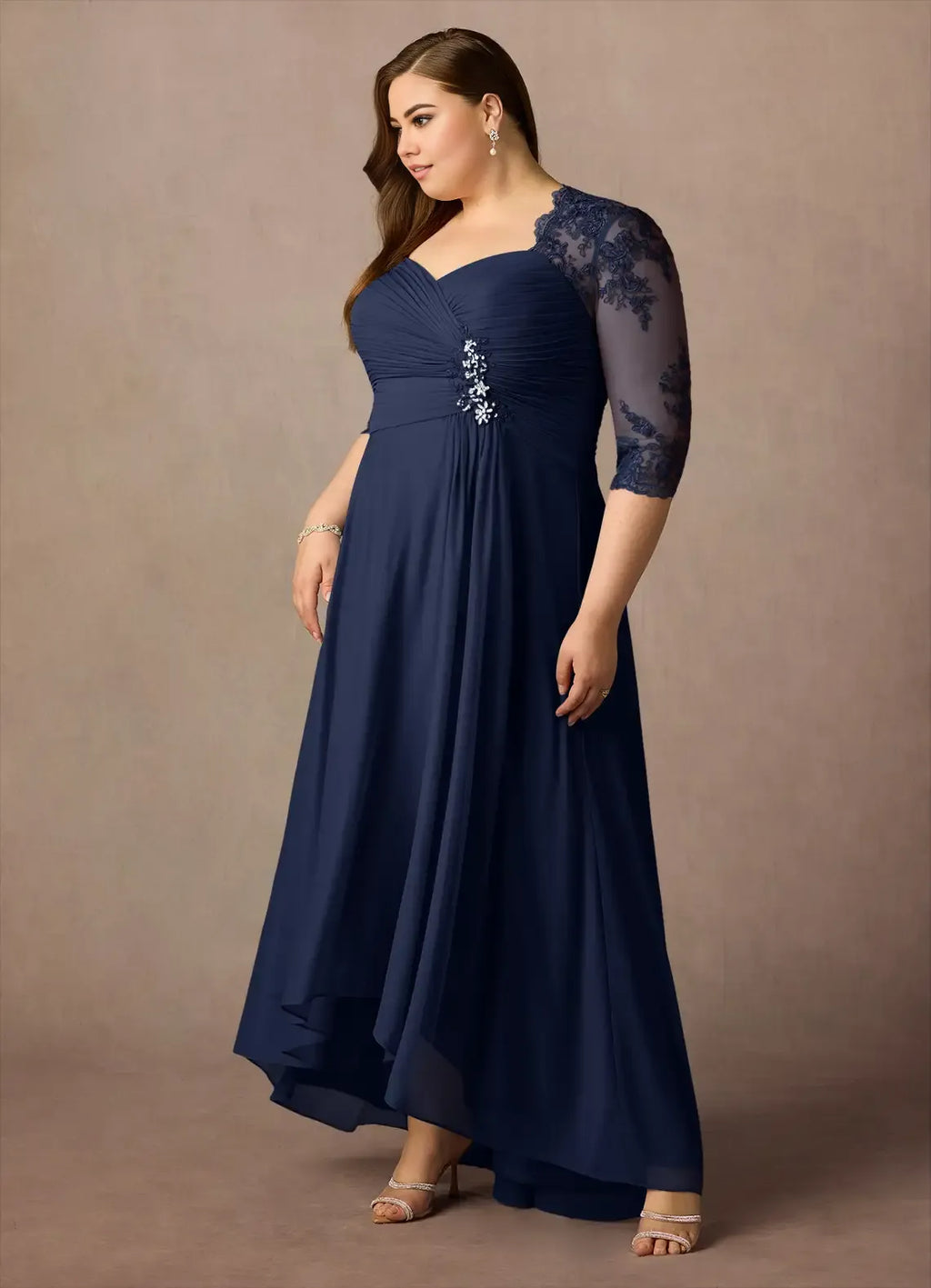 Navy Dress Classic Dark Sheath Sweetheart Sequins Dress Asymmetrical-Length Three-Quarter Sleeve Illusion Back Two-Piece Plus Size Mother of the Bride Dress