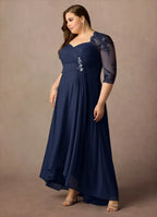 Navy Dress Classic Dark Sheath Sweetheart Sequins Dress Asymmetrical-Length Three-Quarter Sleeve Illusion Back Two-Piece Plus Size Mother of the Bride Dress