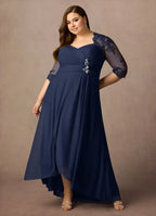 Navy Dress Classic Dark Sheath Sweetheart Sequins Dress Asymmetrical-Length Three-Quarter Sleeve Illusion Back Two-Piece Plus Size Mother of the Bride Dress