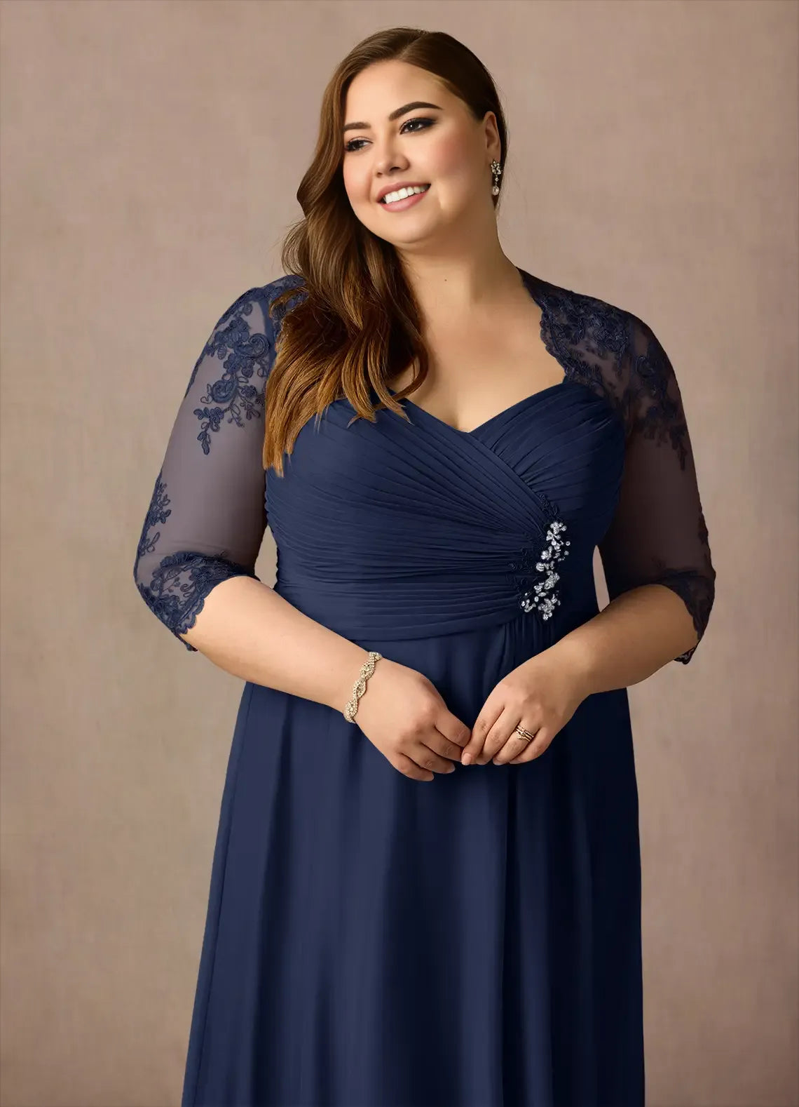 Navy Dress Classic Dark Sheath Sweetheart Sequins Dress Asymmetrical-Length Three-Quarter Sleeve Illusion Back Two-Piece Plus Size Mother of the Bride Dress
