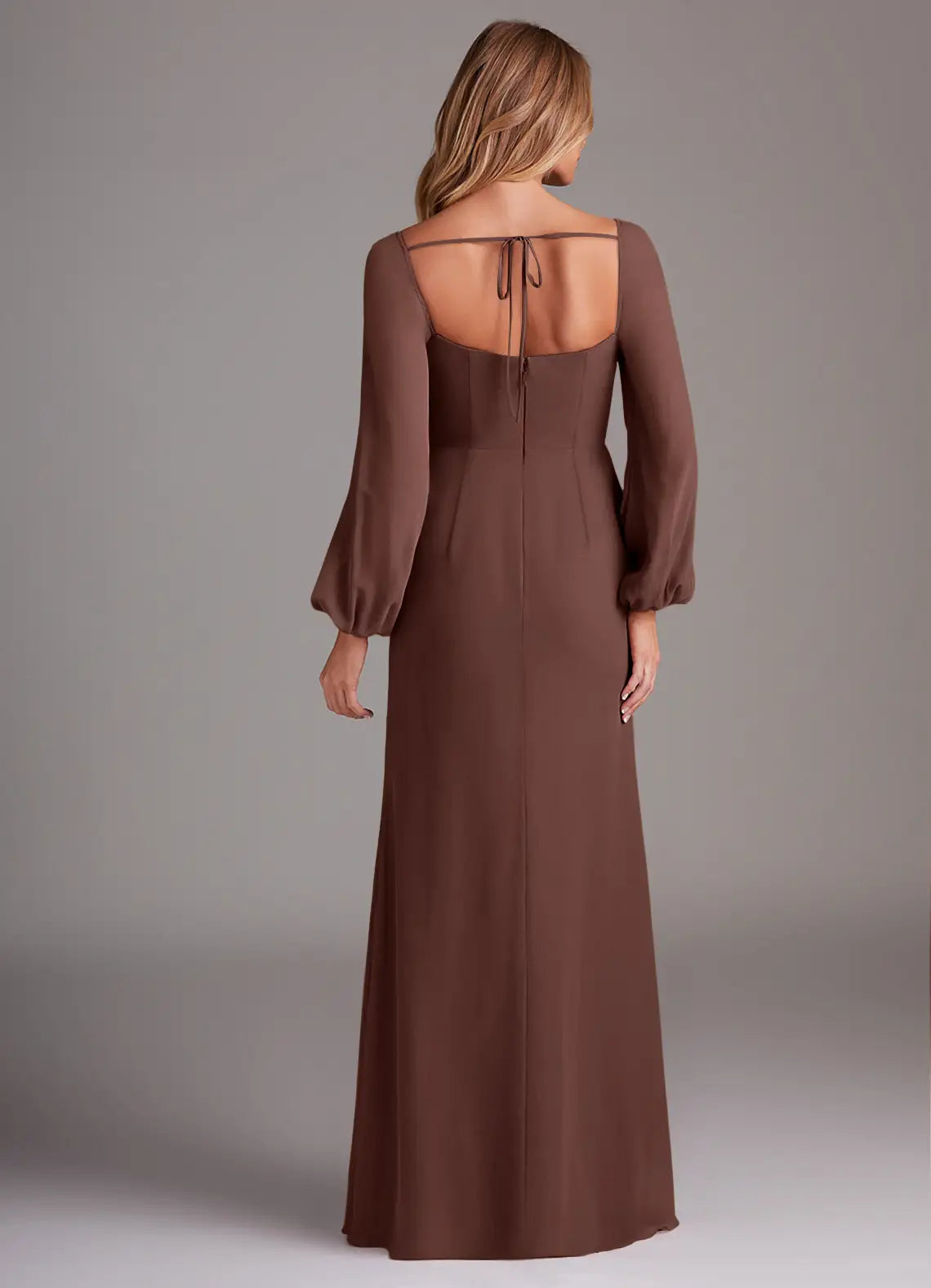 Tie Back Square Neck Chiffon Sheath Puff Sleeve Ruched Bodice High Slit Floor Length Prom Dress