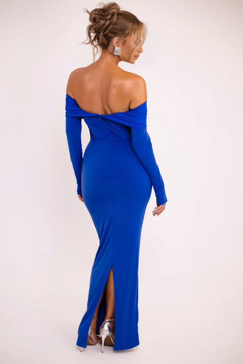 Robe de bal moulante longue fendue jusqu'à la cuisse, avec haut style cache-cœur, décolleté Bardot, manches longues et dos ouvert, vente chaude