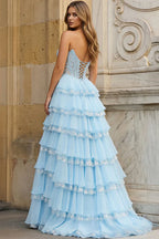 Tiered Chiffon A-Line Strapless Sweetheart Lace-Up-Back Floor-Length Prom Dress