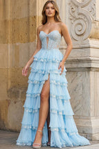 Tiered Chiffon A-Line Strapless Sweetheart Lace-Up-Back Floor-Length Prom Dress