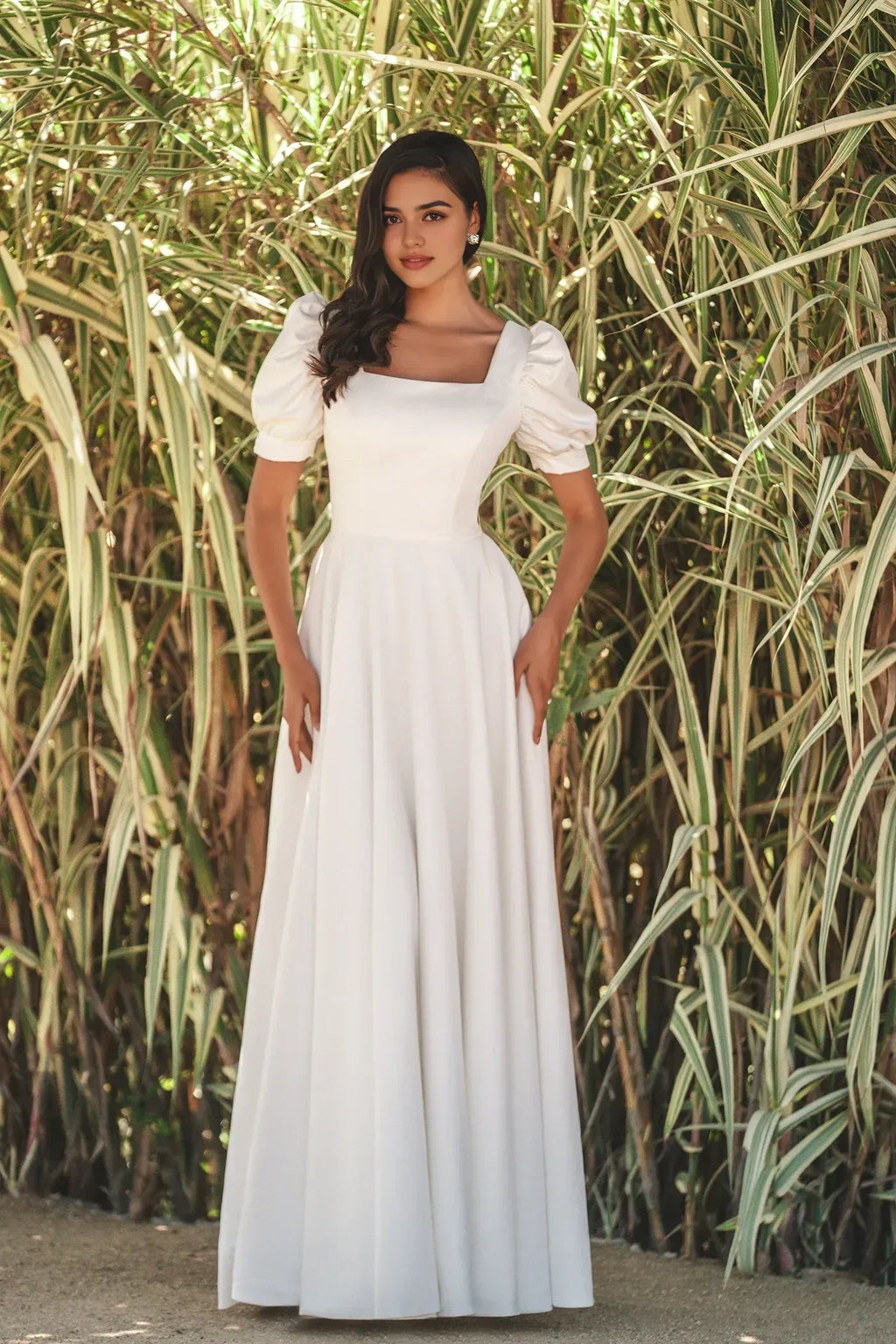 Timeless A Line Square Neck Puff Sleeve Button Back Floor Length Wedding Dress