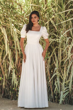 Timeless A Line Square Neck Puff Sleeve Button Back Floor Length Wedding Dress
