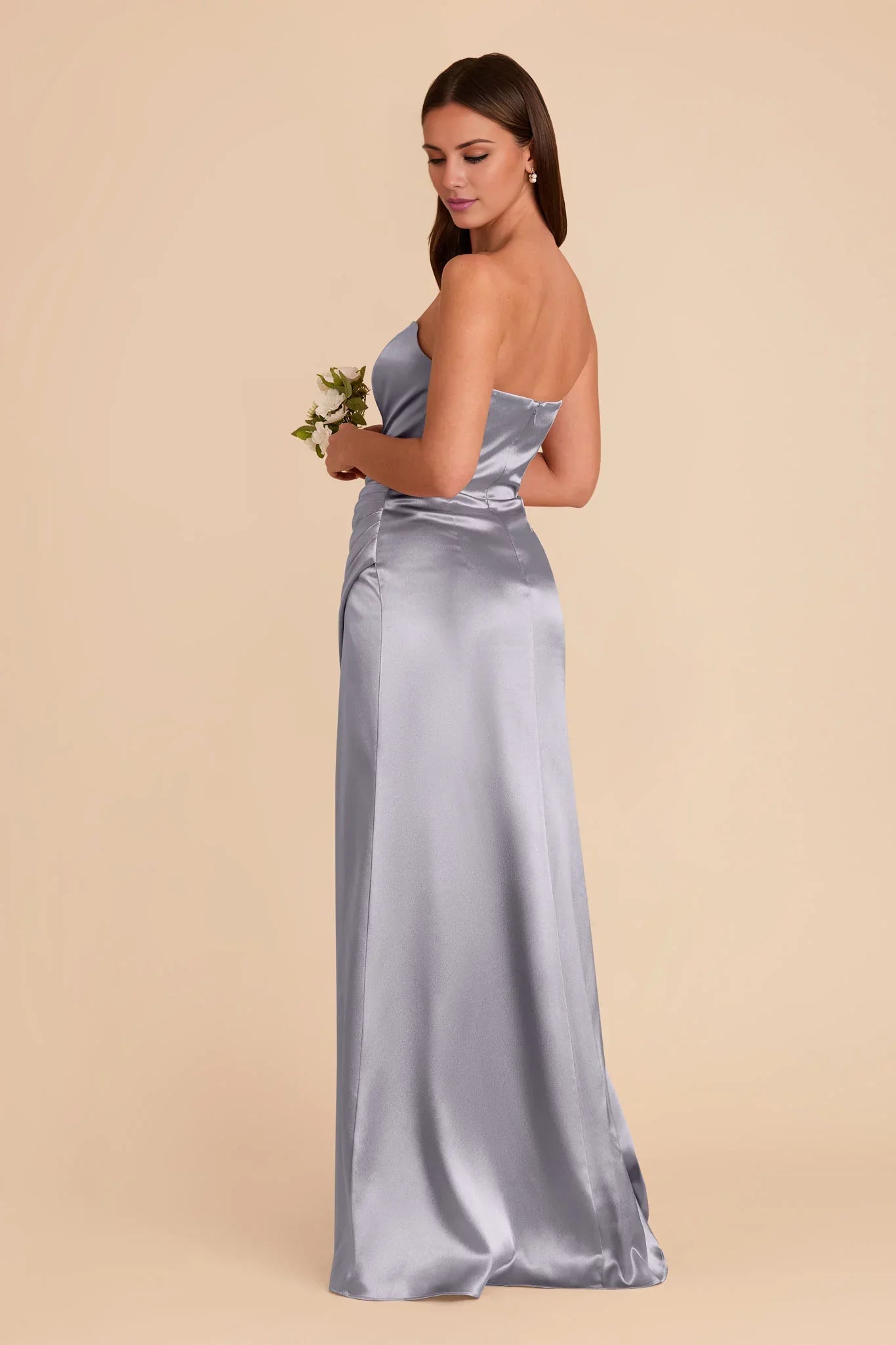 Timeless Dusty Blue Satin Strapless Maxi Bridesmaid Dress with Draped Skirt & High Side Slit