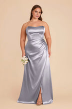 Timeless Dusty Blue Satin Strapless Maxi Bridesmaid Dress with Draped Skirt & High Side Slit