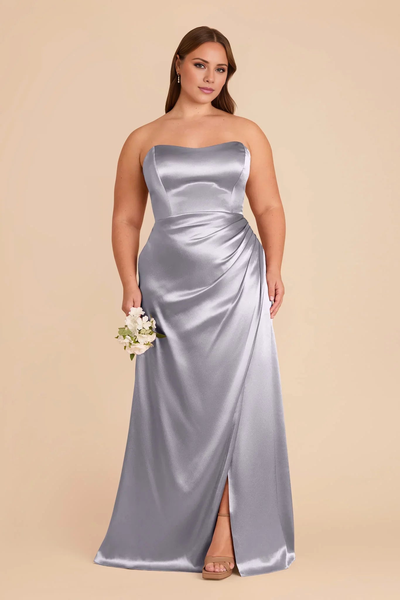 Timeless Dusty Blue Satin Strapless Maxi Bridesmaid Dress with Draped Skirt & High Side Slit