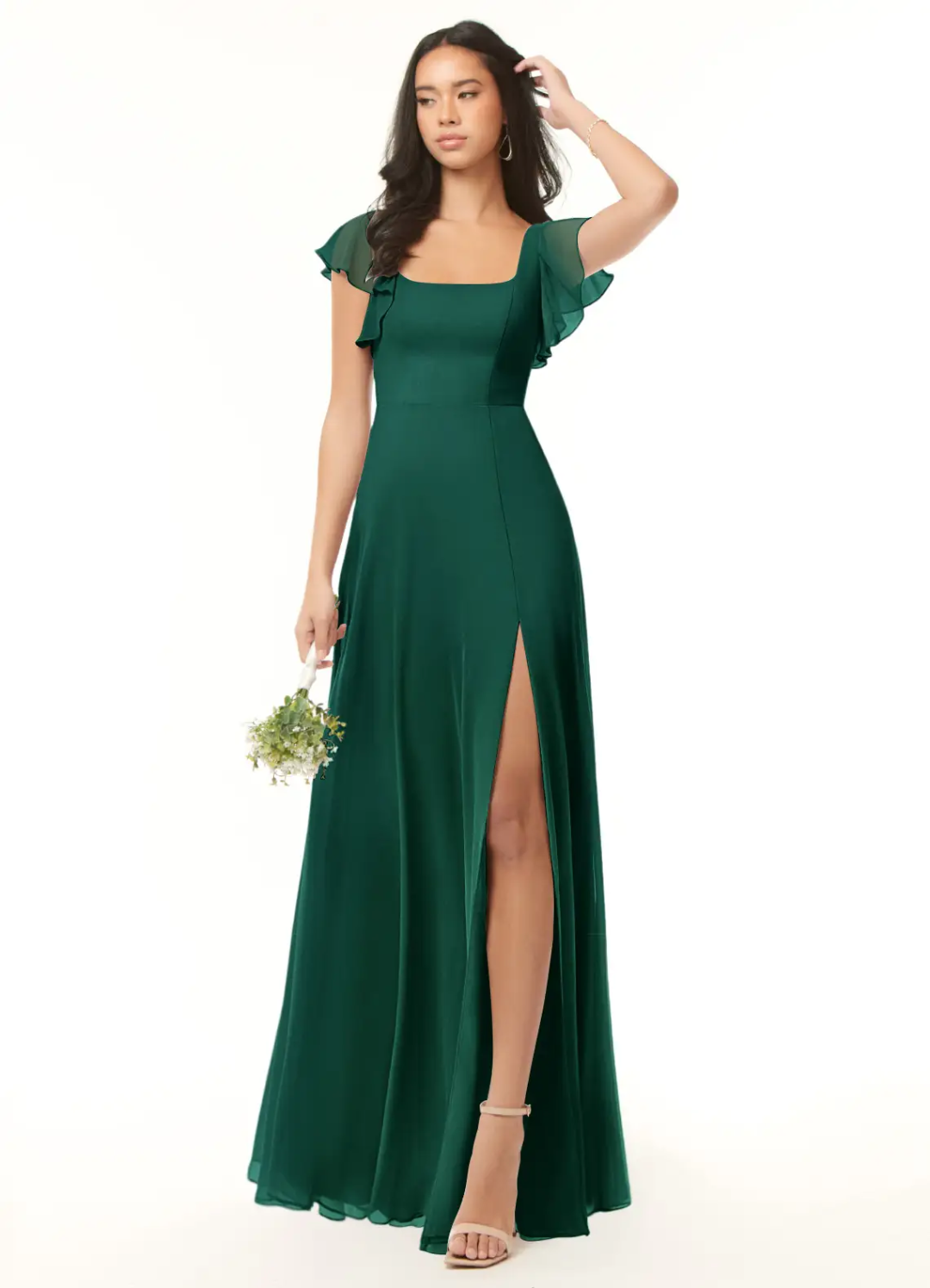 Timeless Flowy A-Line Square Neck Ruffled Chiffon Sleeve Tie-Back High Slit Floor-Length Bridesmaid Dress