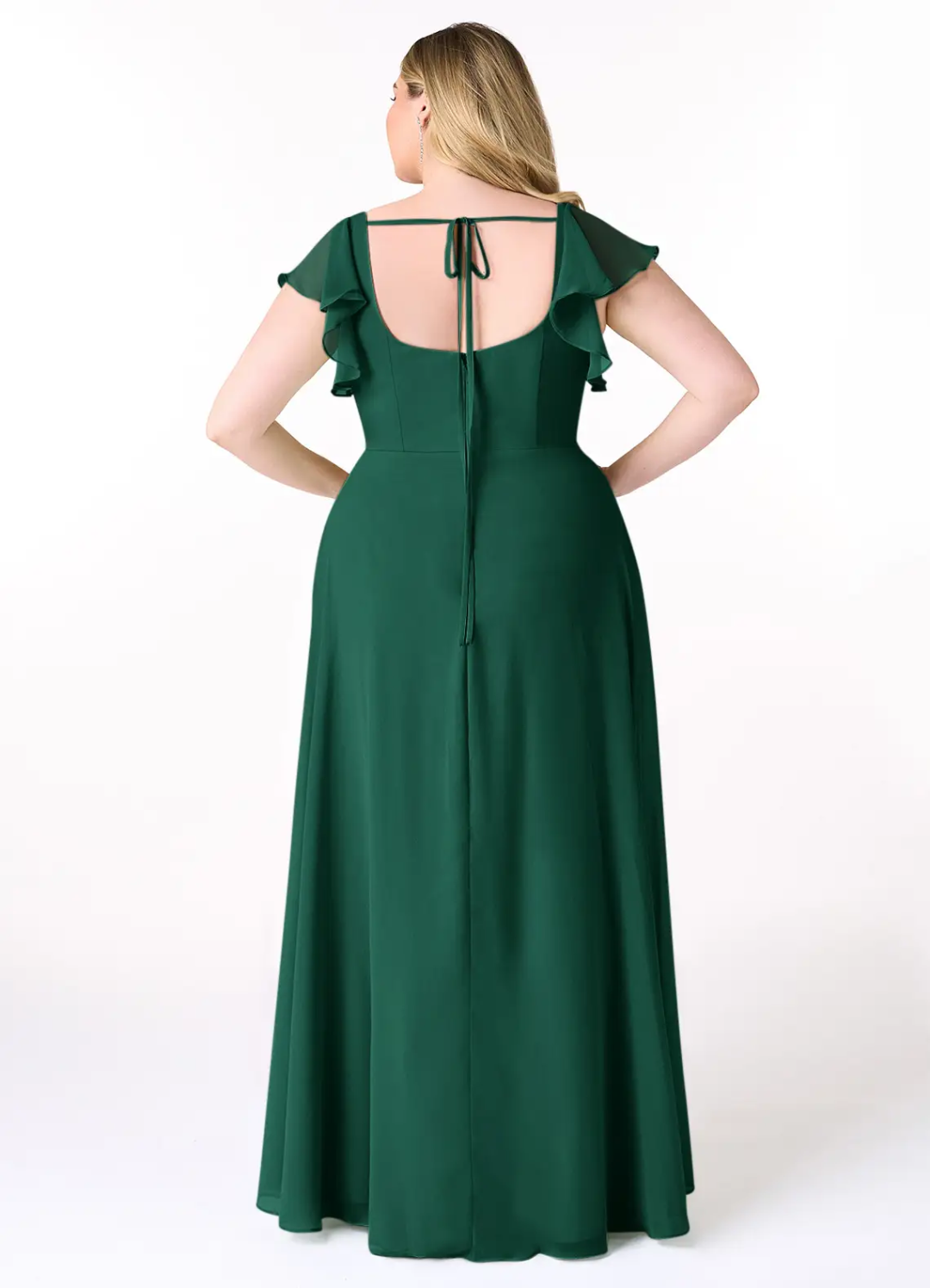 Timeless Flowy A-Line Square Neck Ruffled Chiffon Sleeve Tie-Back High Slit Floor-Length Bridesmaid Dress