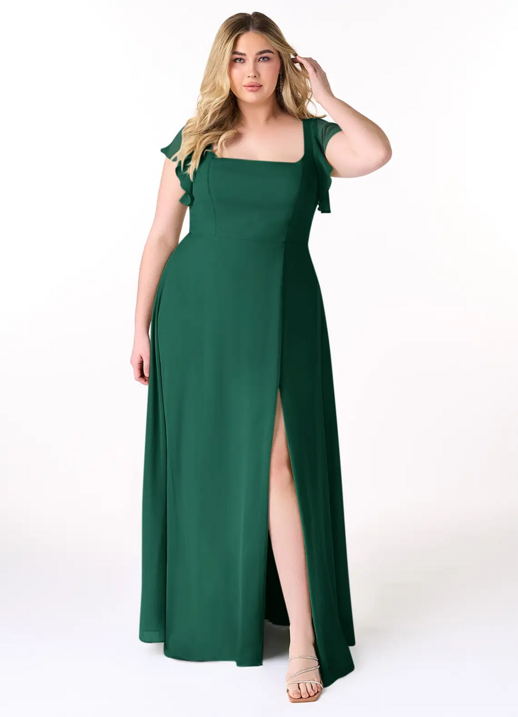 Timeless Flowy A-Line Square Neck Ruffled Chiffon Sleeve Tie-Back High Slit Floor-Length Bridesmaid Dress
