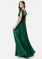 Timeless Flowy A-Line Square Neck Ruffled Chiffon Sleeve Tie-Back High Slit Floor-Length Bridesmaid Dress