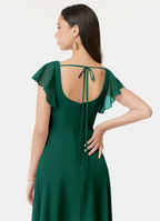 Timeless Flowy A-Line Square Neck Ruffled Chiffon Sleeve Tie-Back High Slit Floor-Length Bridesmaid Dress