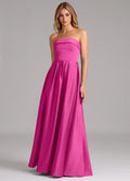 Timeless Strapless Banded Neck Pleated Skirt Floor-Length Satin Bridesmaid Dresses