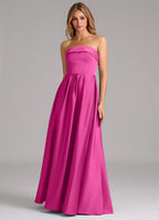 Timeless Strapless Banded Neck Pleated Skirt Floor-Length Satin Bridesmaid Dresses