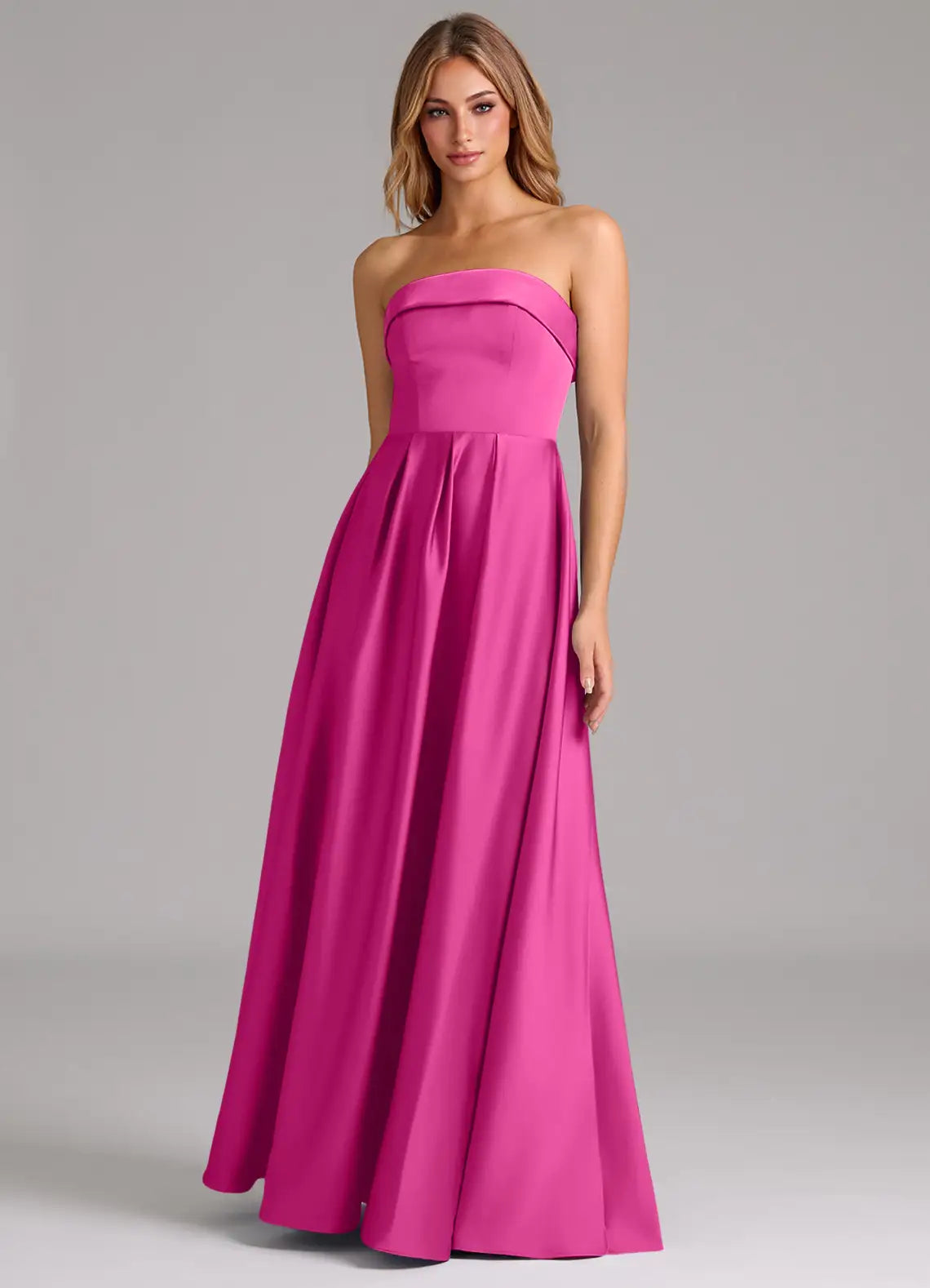 Timeless Strapless Banded Neck Pleated Skirt Floor-Length Satin Bridesmaid Dresses